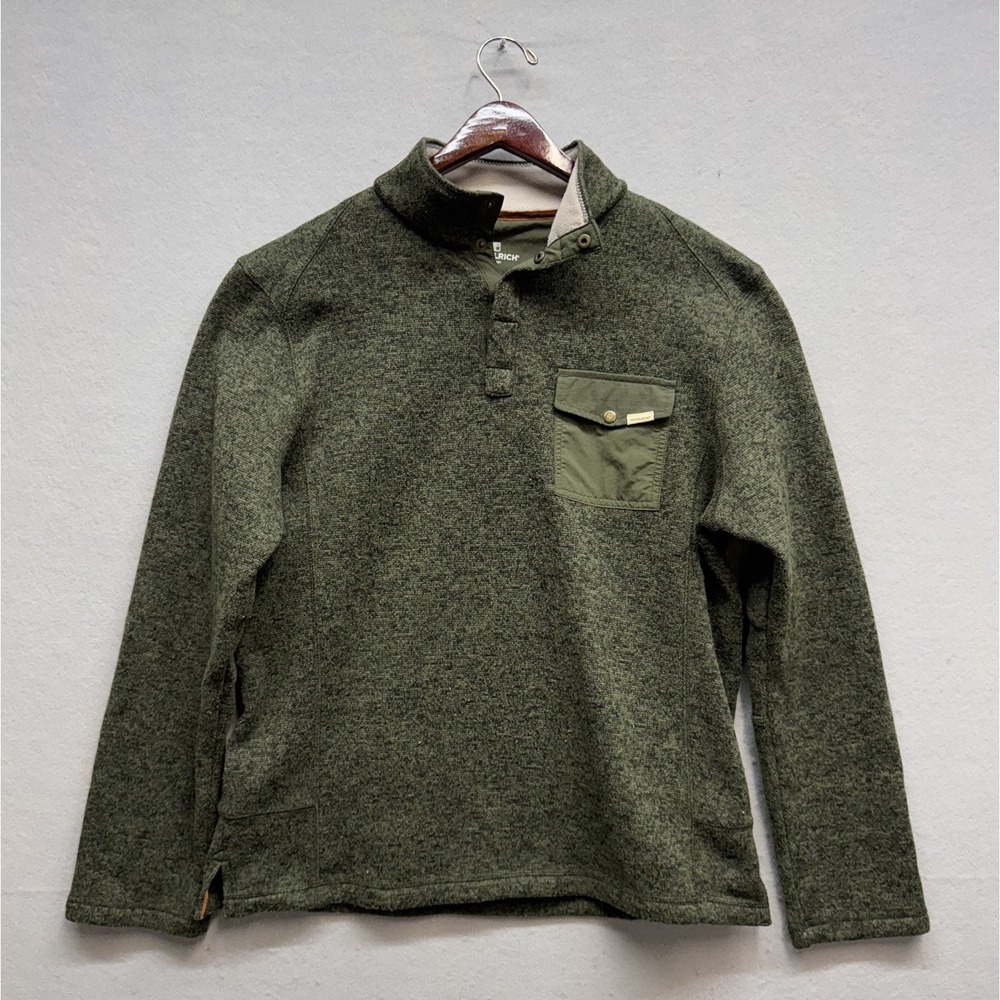 Woolrich Men's 1/4 Snap Button Sweater Fleece Pullover Heathered Olive Green Med